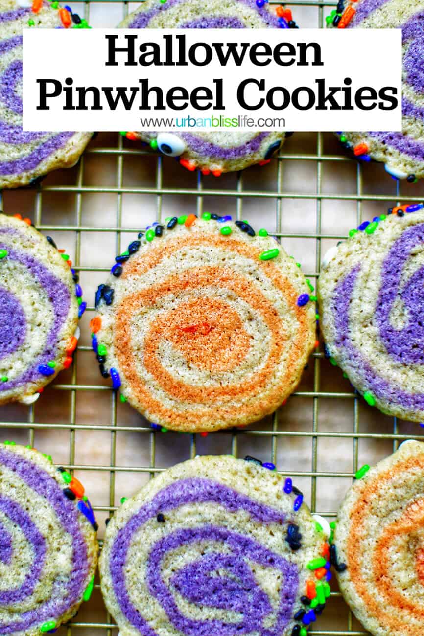 Halloween Pinwheel Cookies with text overlay