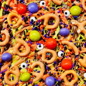 closeup of colorful monster halloween bark candy.