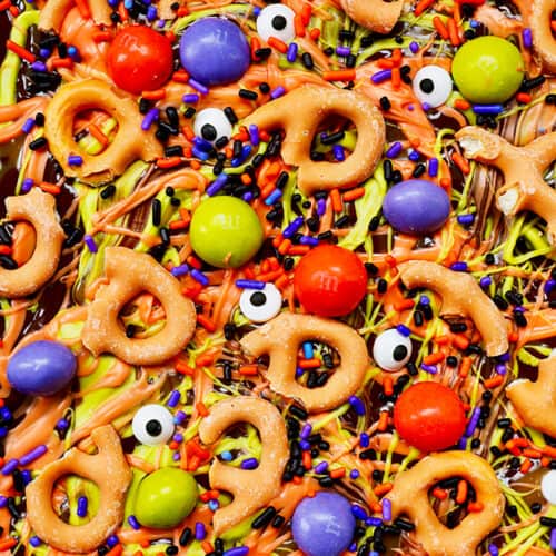 closeup of colorful monster halloween bark candy.
