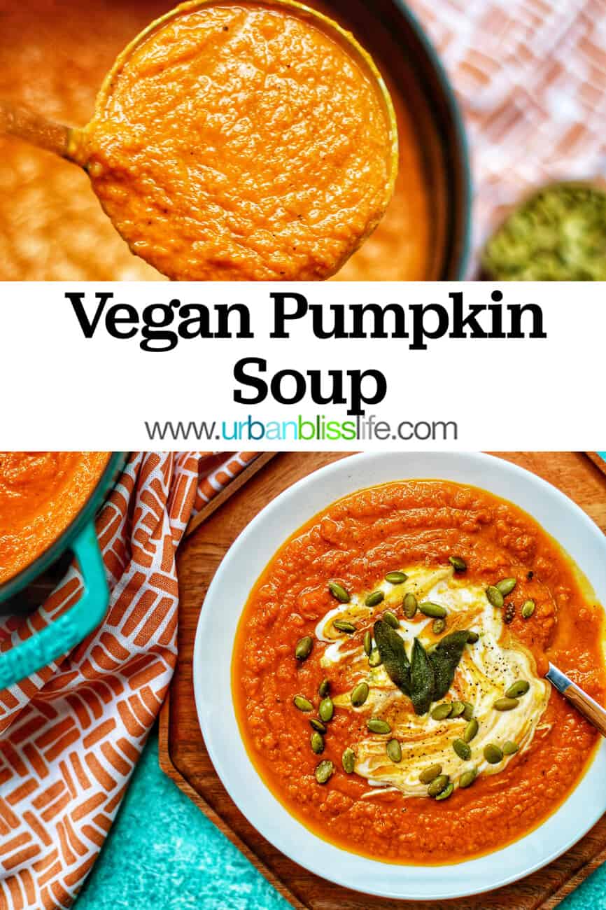 bowl of creamy vegan pumpkin soup with Pinterest text overlay