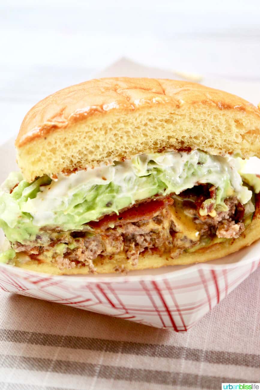 burger cut in half.