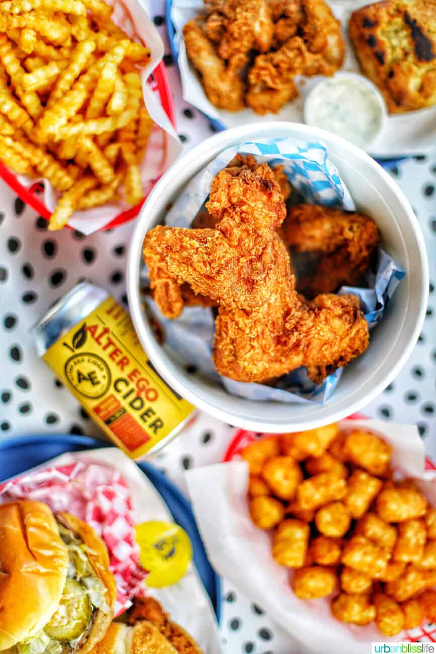fried chicken, fries, and tater tots.