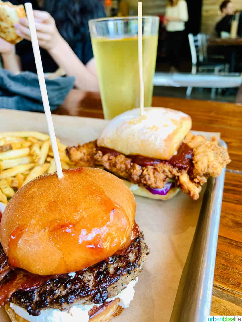 tray of burgers.