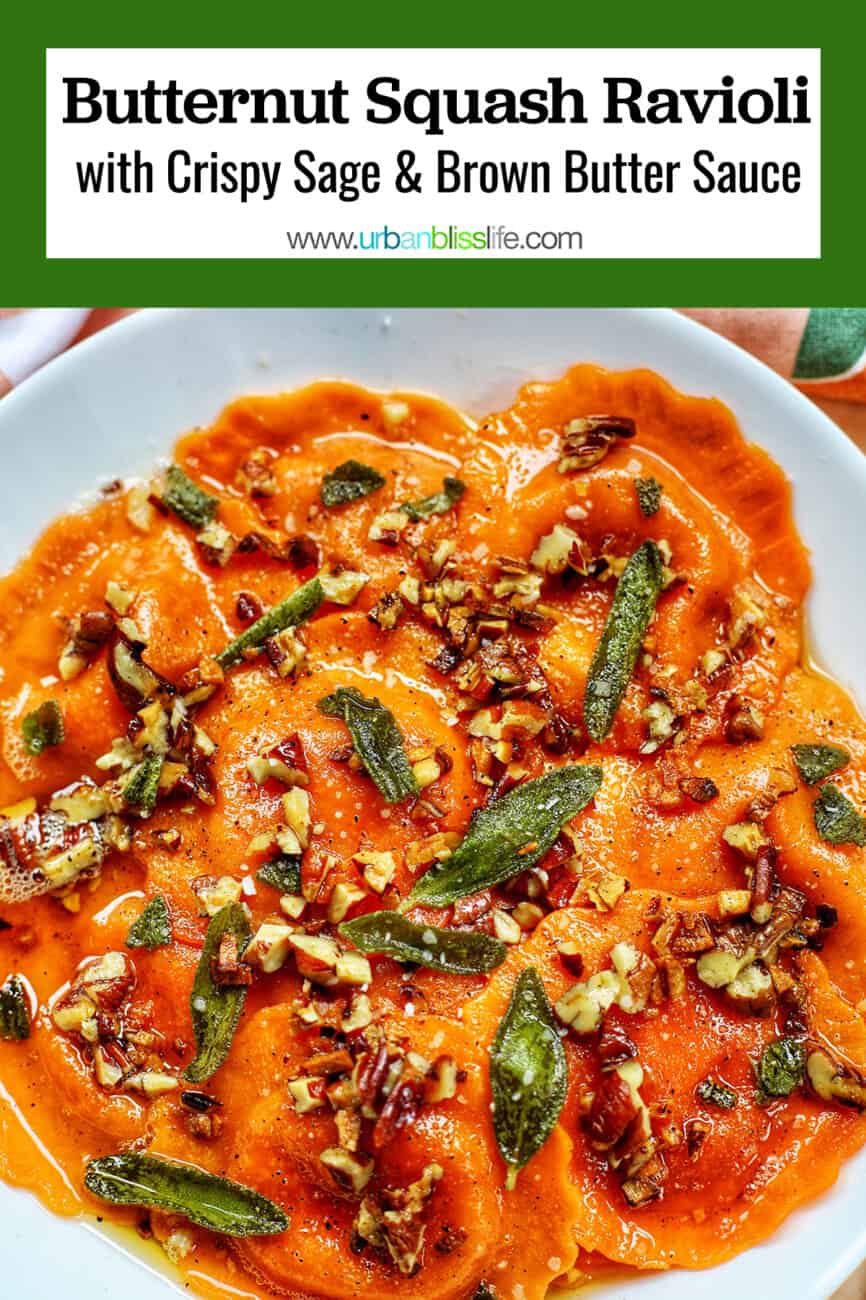 Butternut Squash Ravioli with Crispy Sage and Brown Butter Sauce on a plate with text overlay