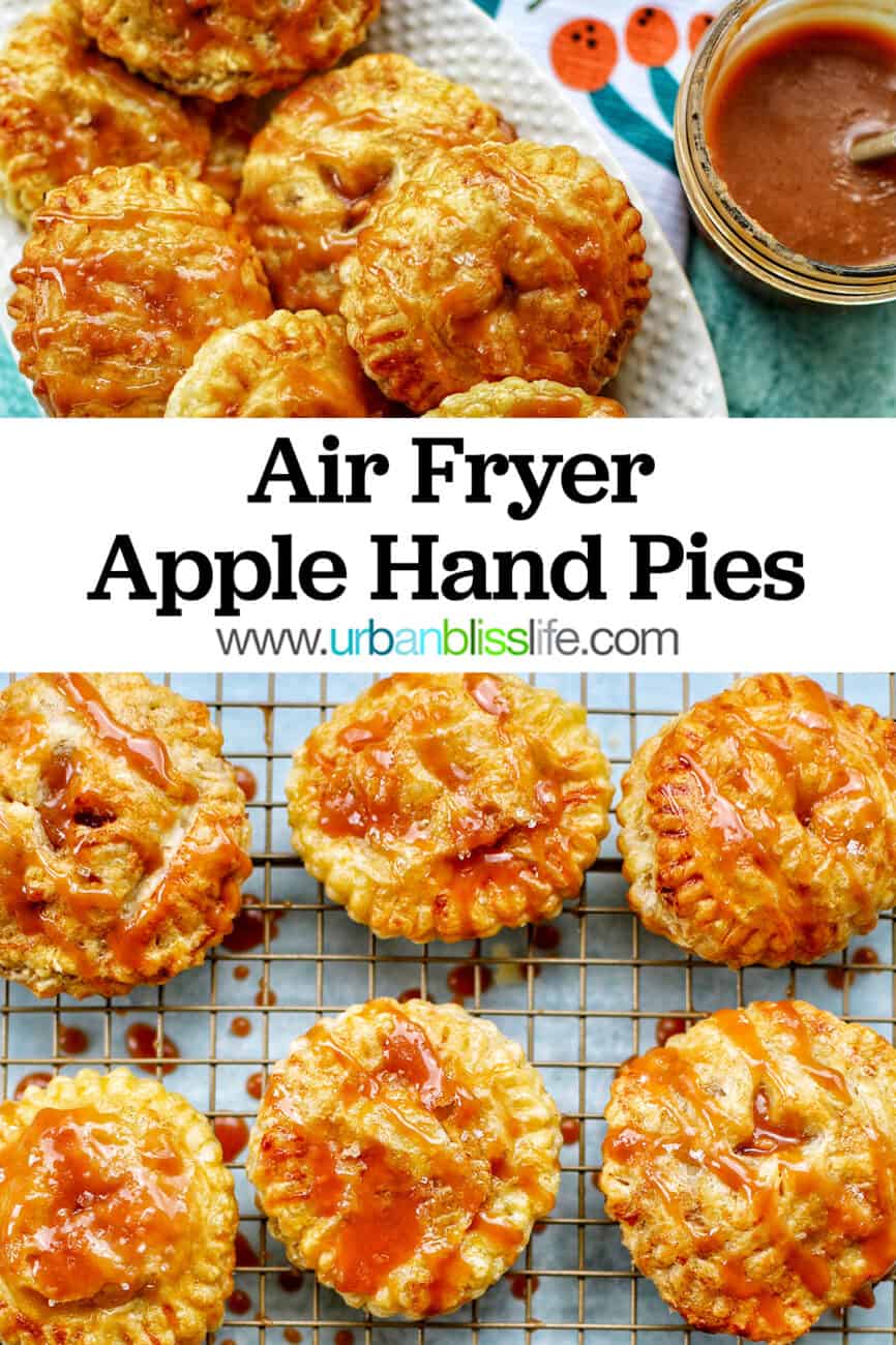 Air fryer apple hand pies on racks with text overlay