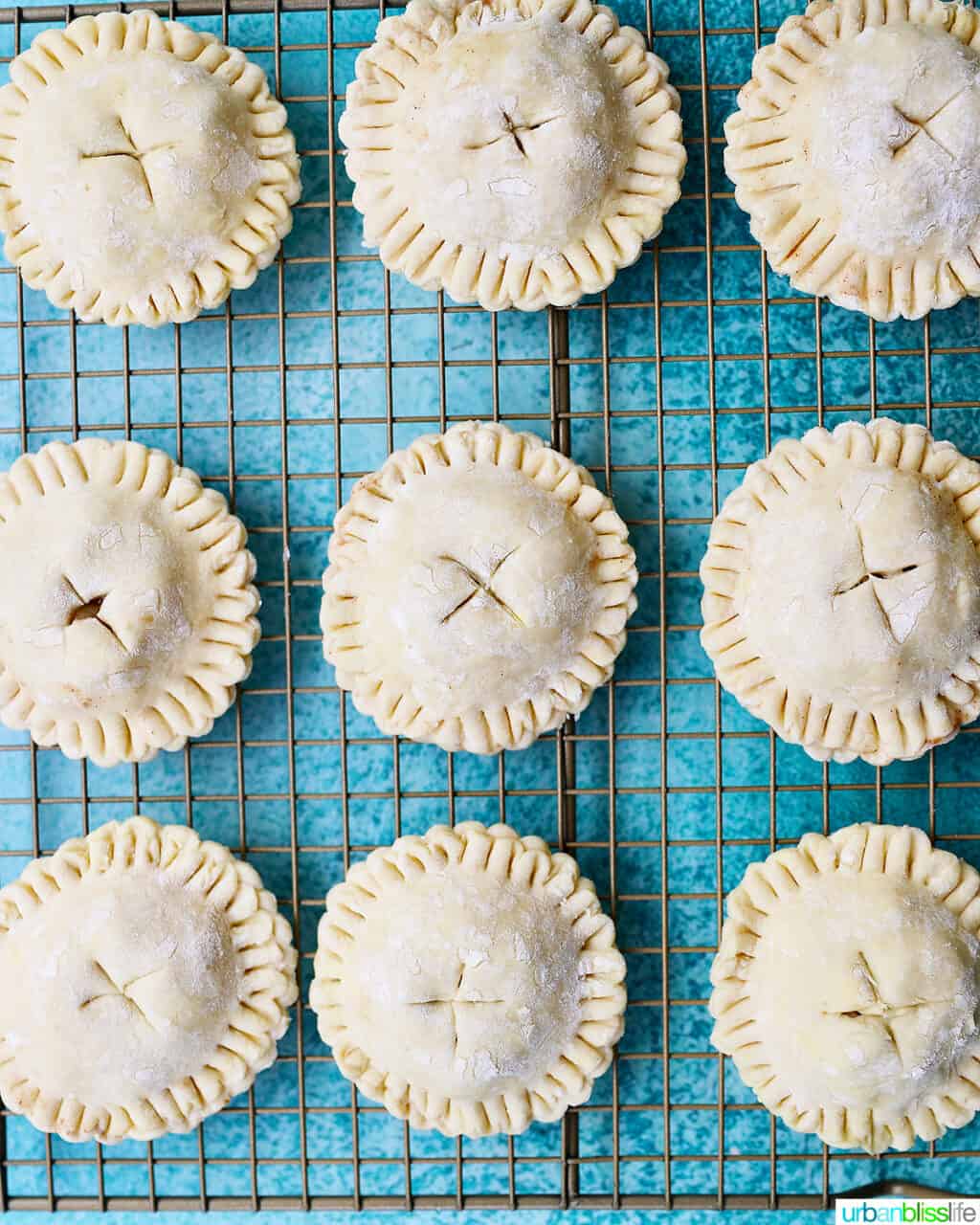 rows of Air fryer apple hand pies on a rack ready to air fry