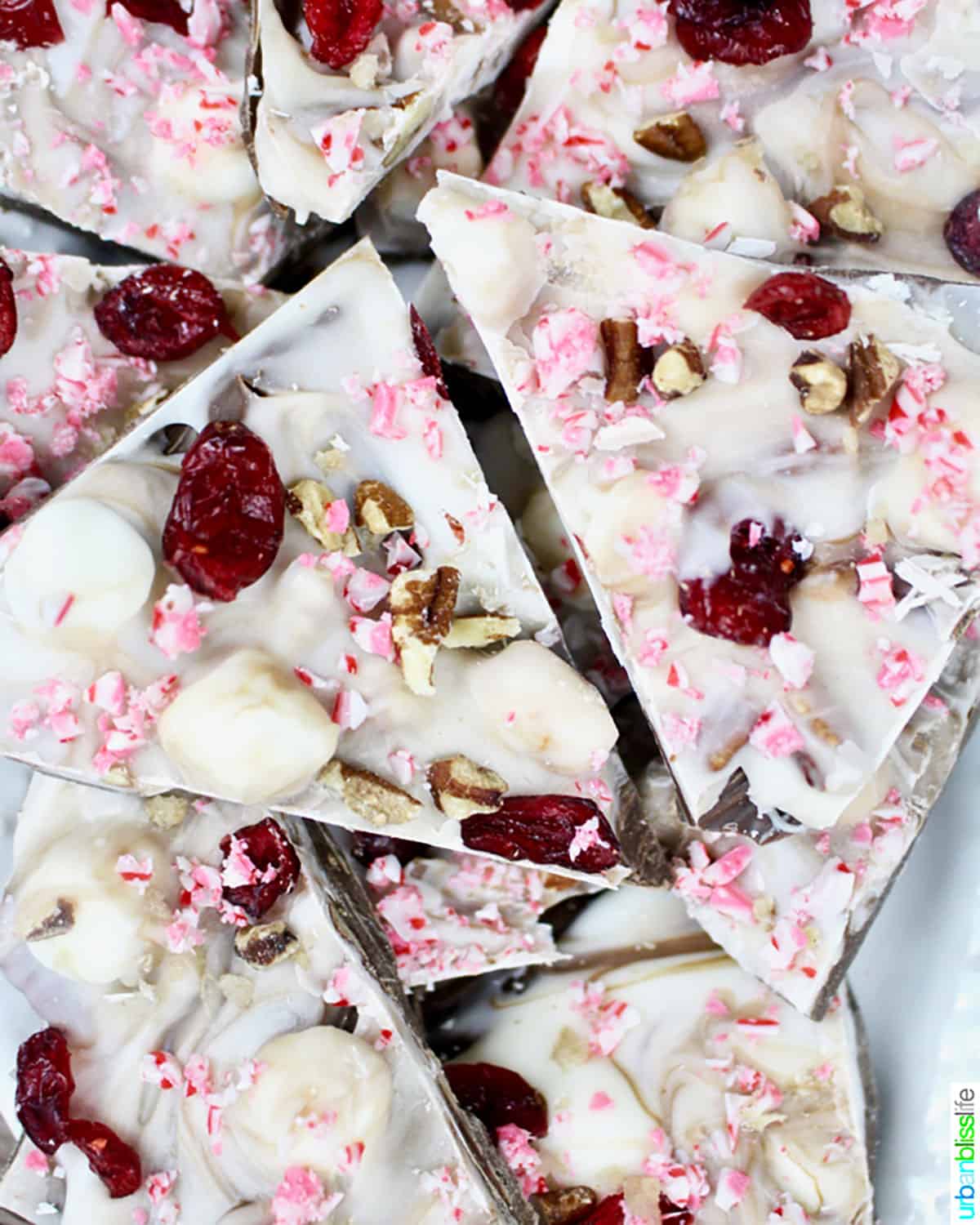 white chocolate cranberry bark with peppermint, cranberries, pecans, and marshmallows.