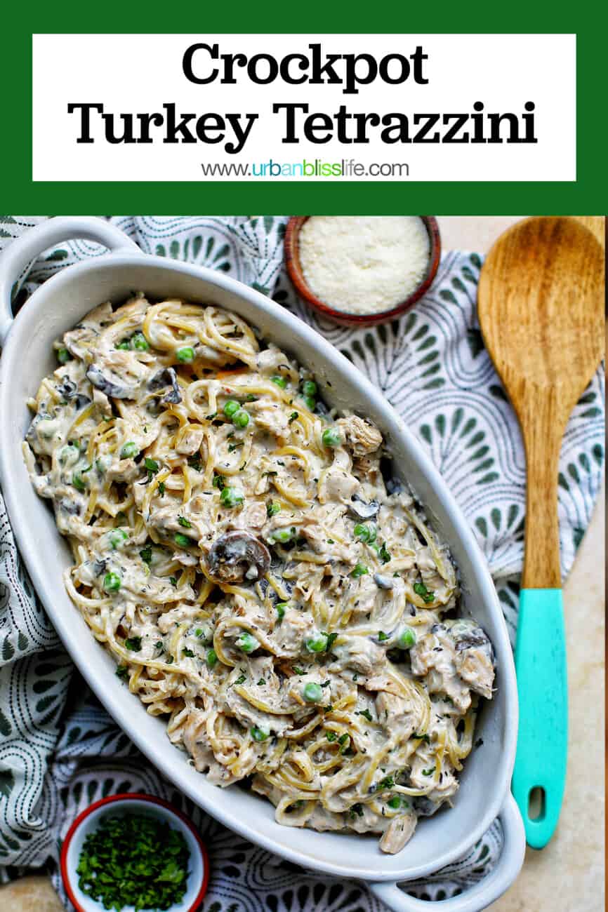 Crockpot Turkey Tetrazzini with text overlay