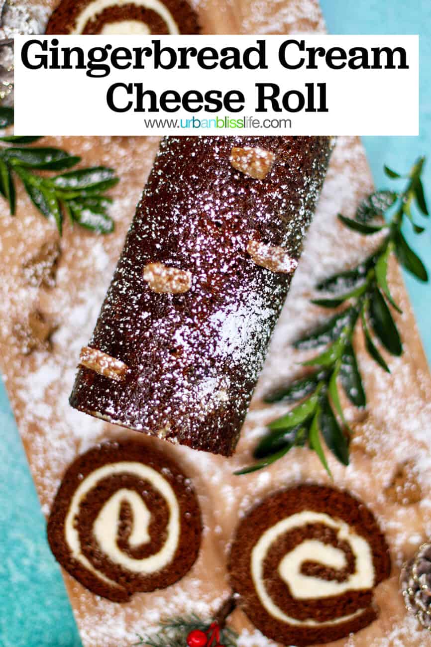 Gingerbread cake roll with text overlay