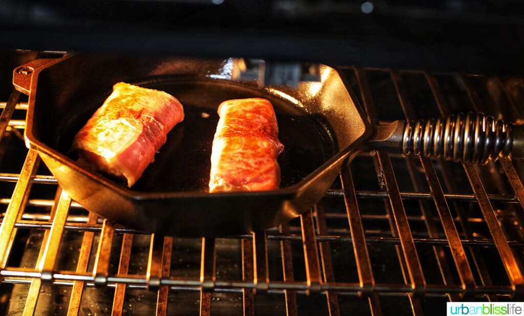 halibut in a skillet in the oven