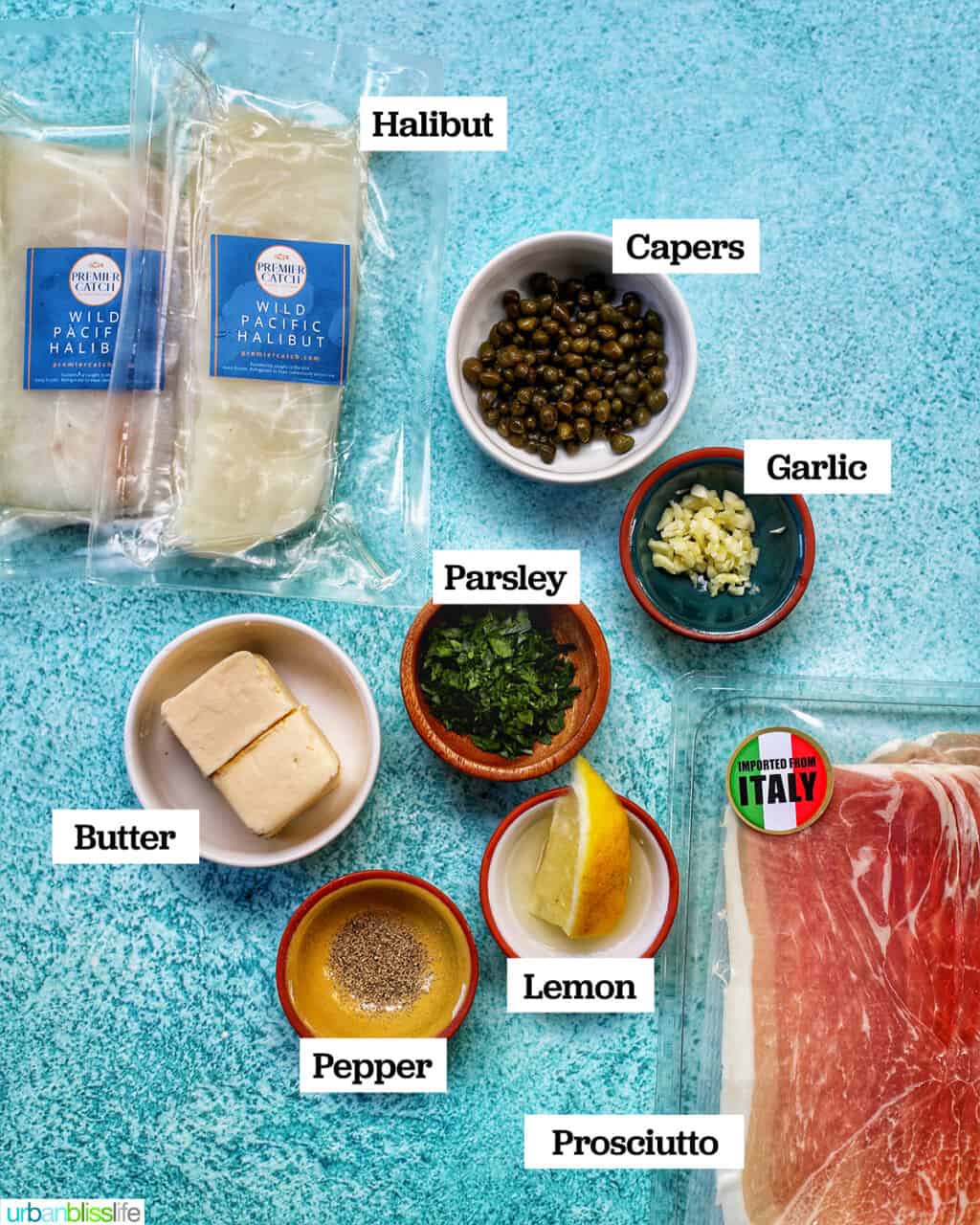 ingredients to make prosciutto wrapped halibut