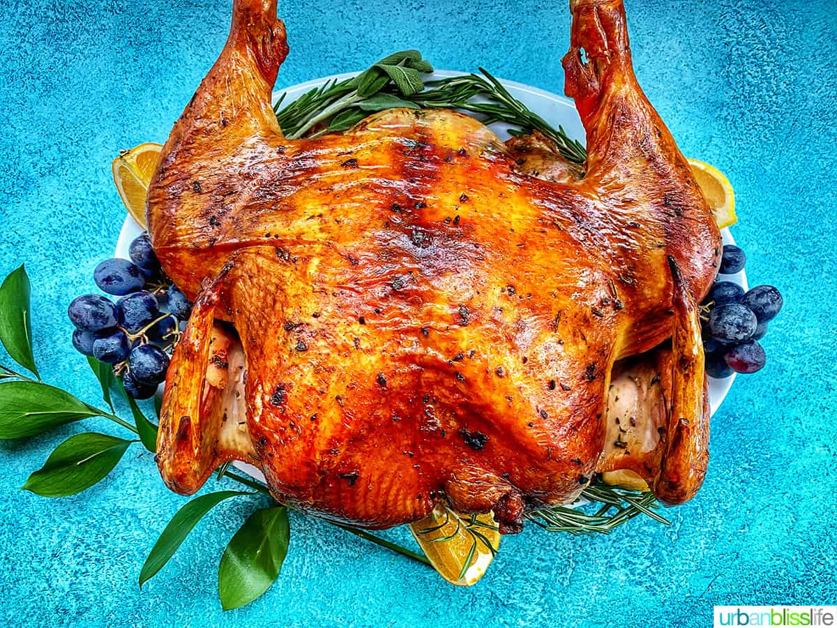 Spatchcock turkey with herbs, grapes, and lemon slices on blue background.