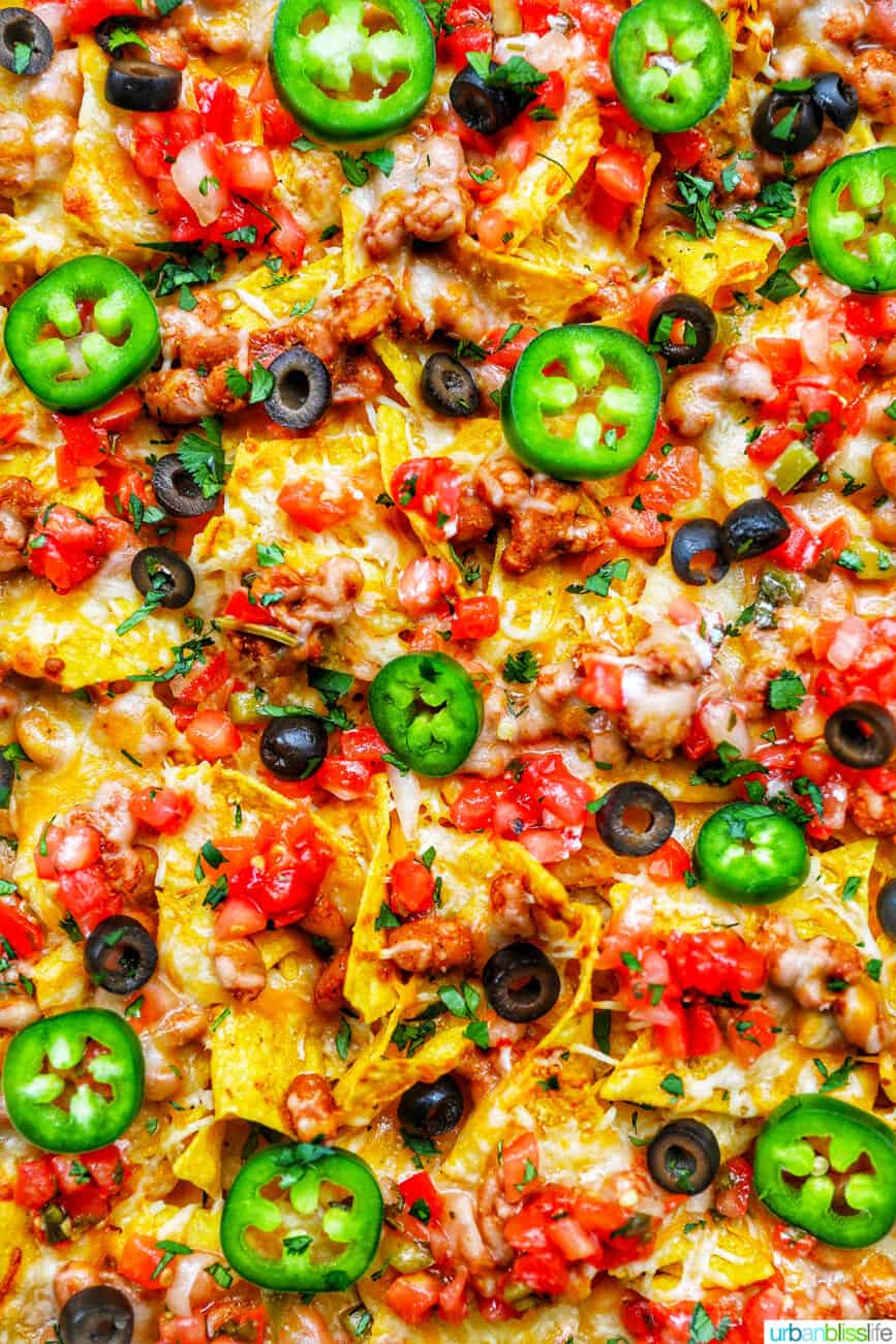 closeup of Sheet Pan Tex Mex Vegetarian Nachos