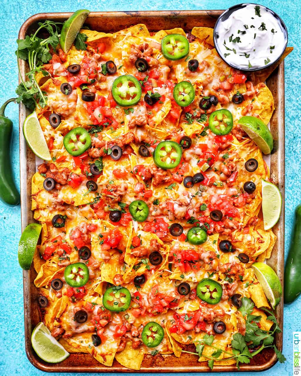 Sheet Pan Tex Mex Vegetarian Nachos with jalapenos