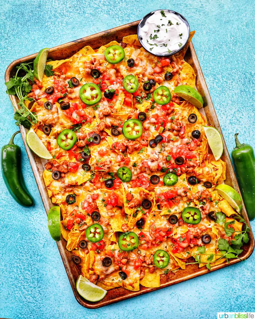 full Sheet Pan Tex Mex Vegetarian Nachos with jalapenos and sour cream