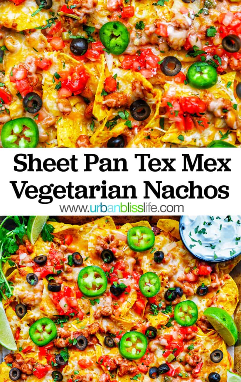 Sheet Pan Tex Mex Vegetarian Nachos with text overlay