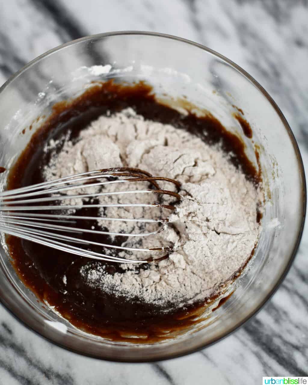 whisking together dry and wet ingredients to make a gingerbread swiss roll