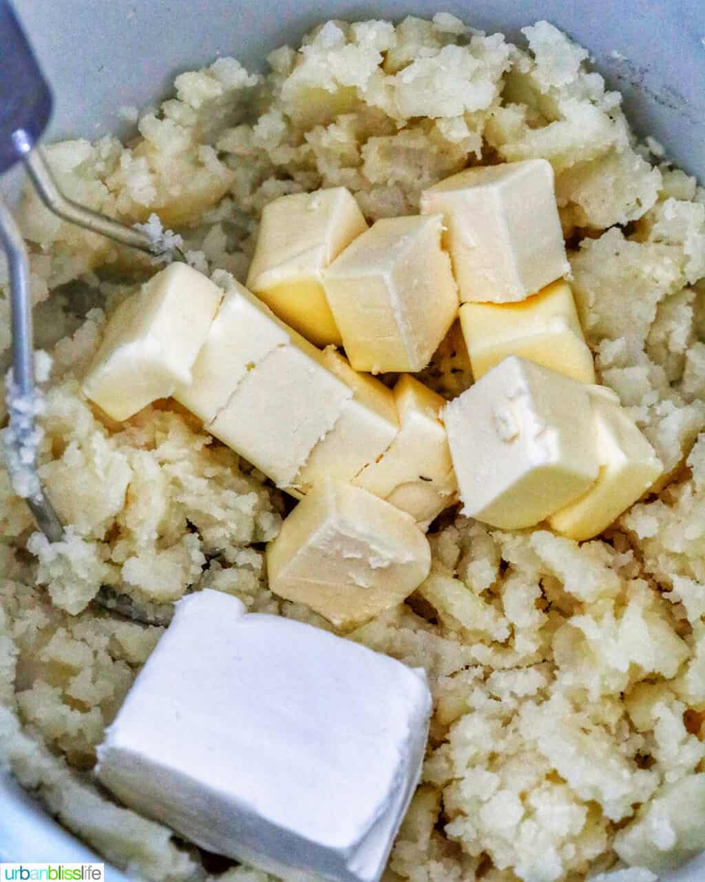 cream cheese and butter added to garlic mashed potatoes