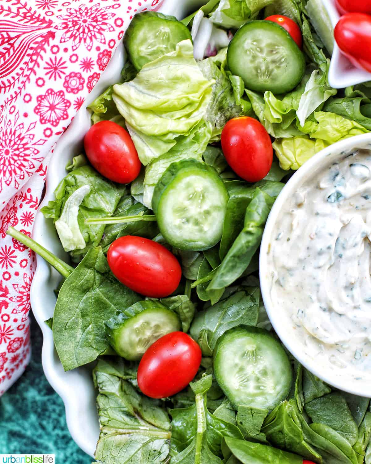 side photo of Christmas Salad Wreath with dairy-free spinach dip.