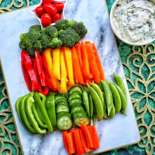 Christmas tree veggie tray with dairy free spinach dip