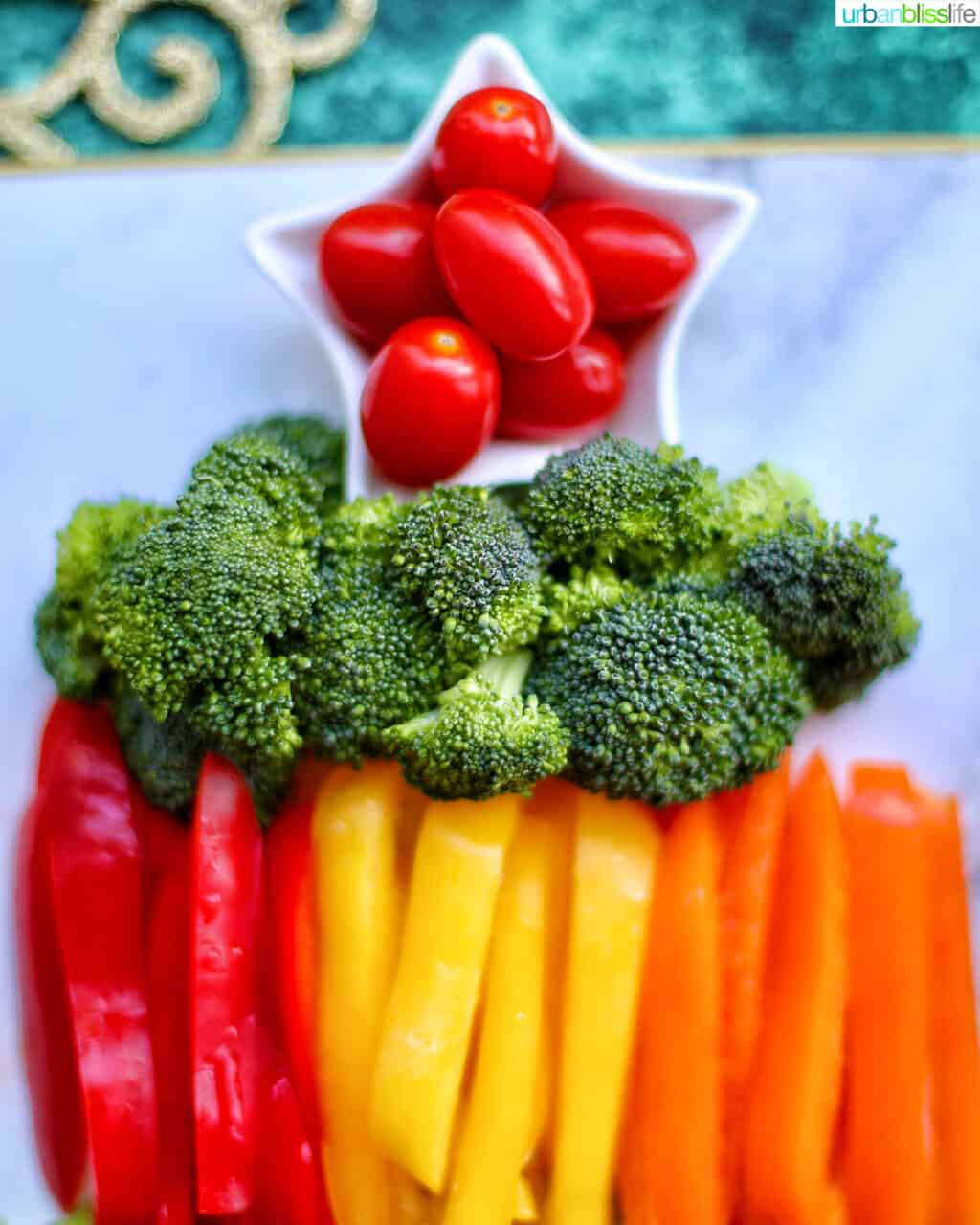 tomatoes broccoli and bell peppers for Christmas tree veggie tray