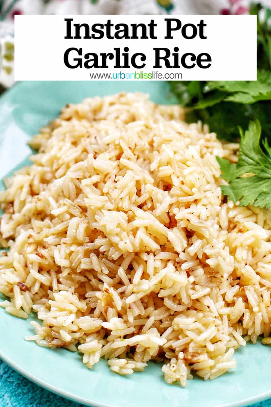 ingredients to make instant pot garlic rice with text overlay