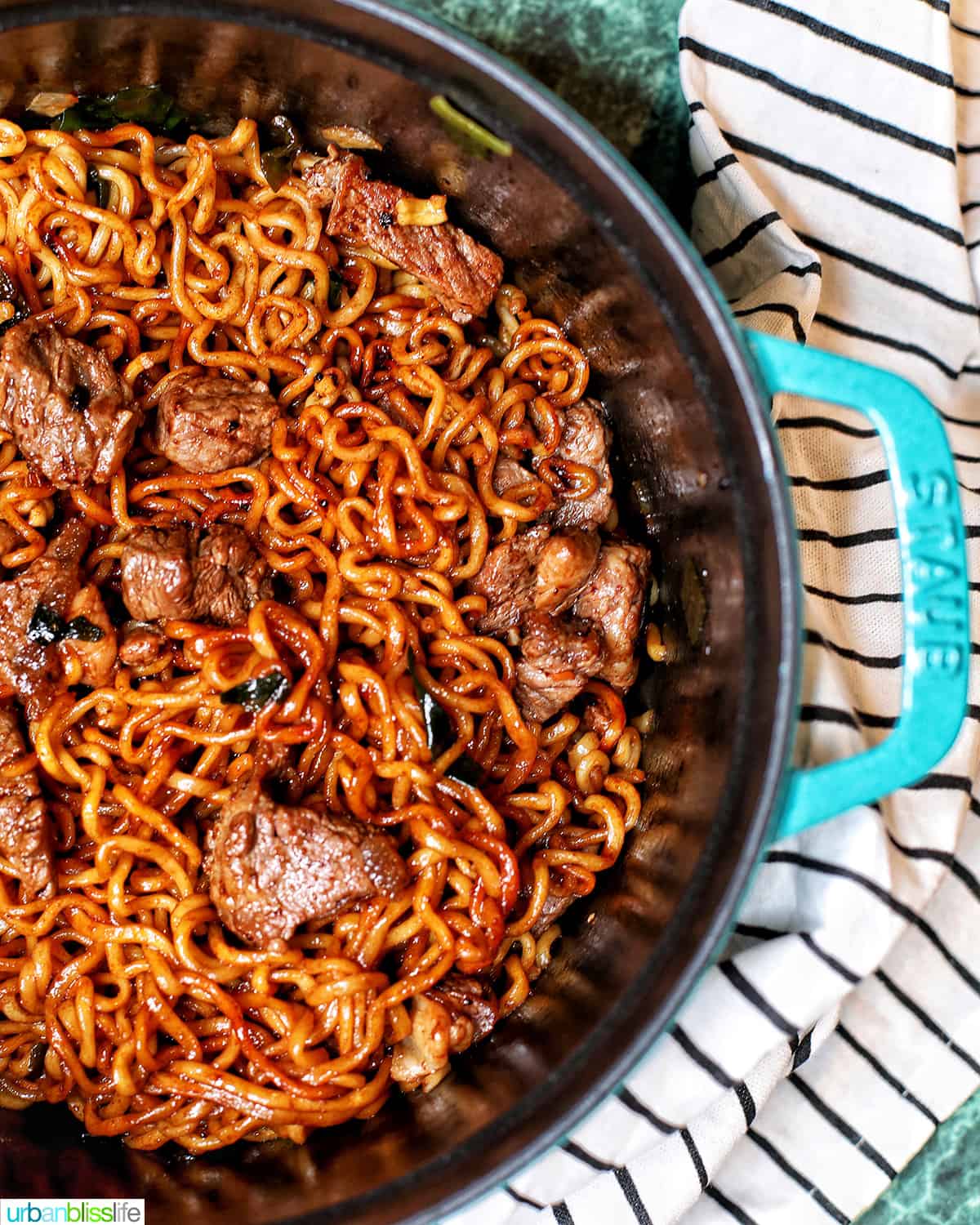 dutch oven Staub with bowl of Jjapaguri noodies (ram-don recipe)