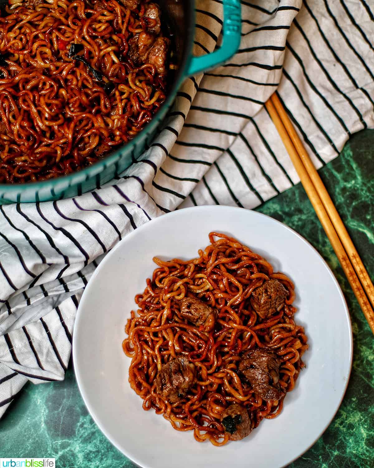 Staub dutch oven and bowl of bowl of Jjapaguri noodies (ram-don)