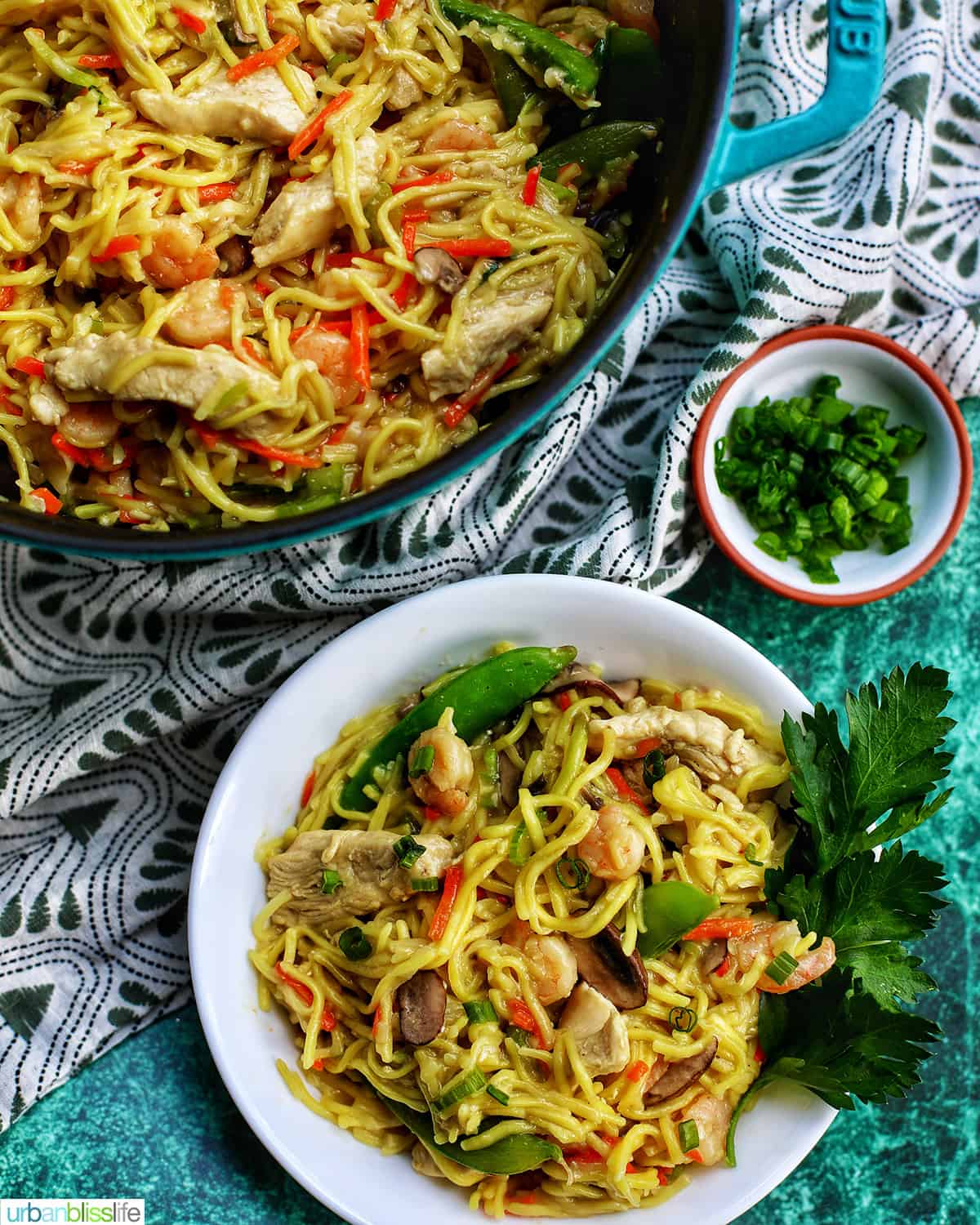 bowl and a large pot of Filipino Pancit Canton Noodles with shrimp, chicken, and vegetables.