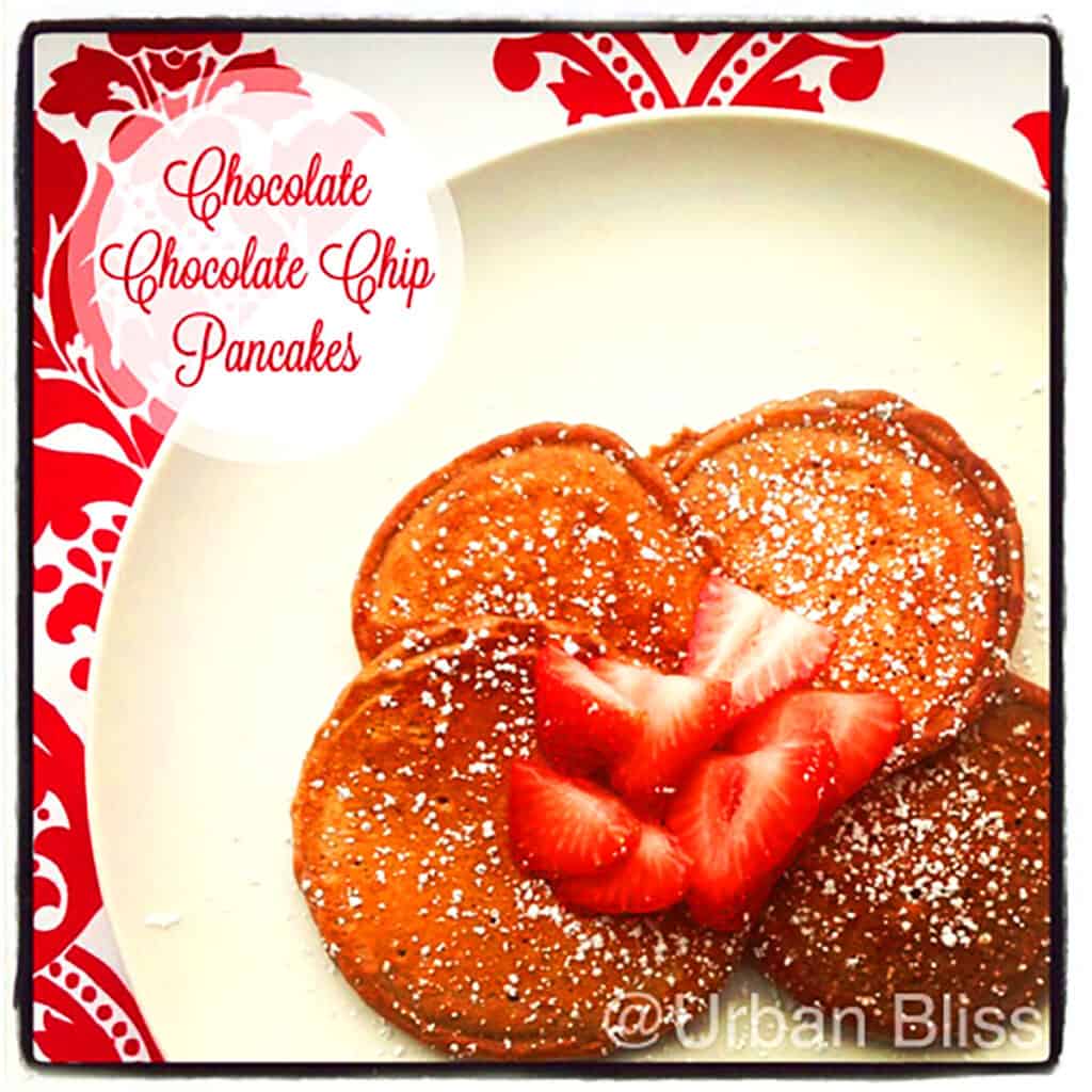 chocolate chocolate chip pancakes with strawberries