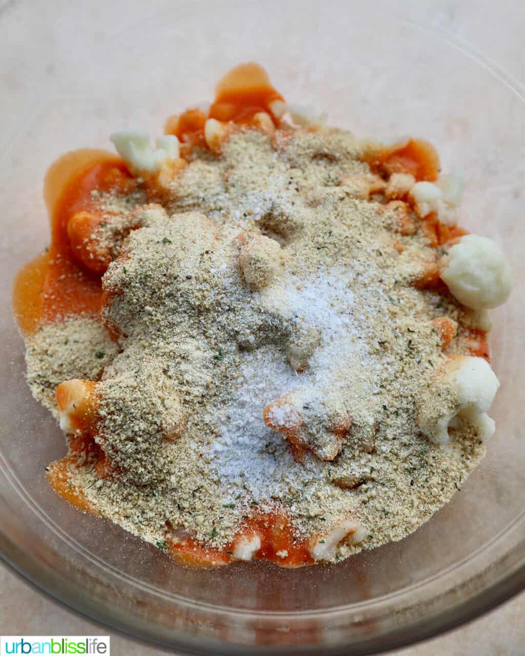 cauliflower with buffalo sauce and herbs and salt