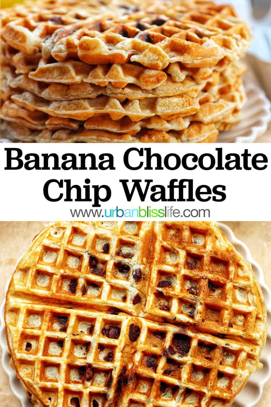 Banana Chocolate Chip Waffles with text overlay