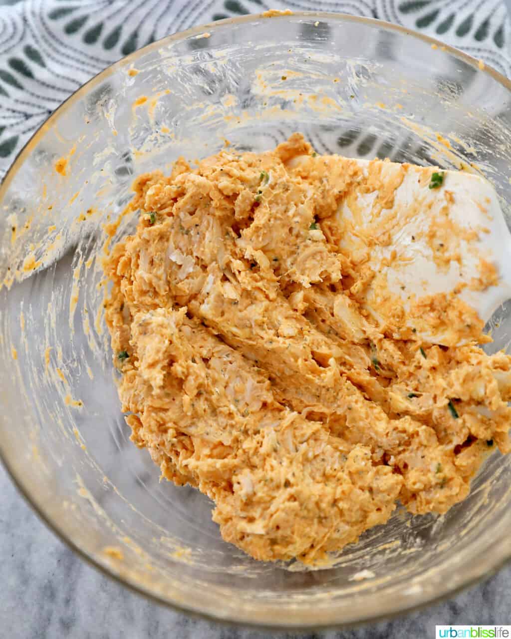 ingredients mixed to make buffalo chicken bites