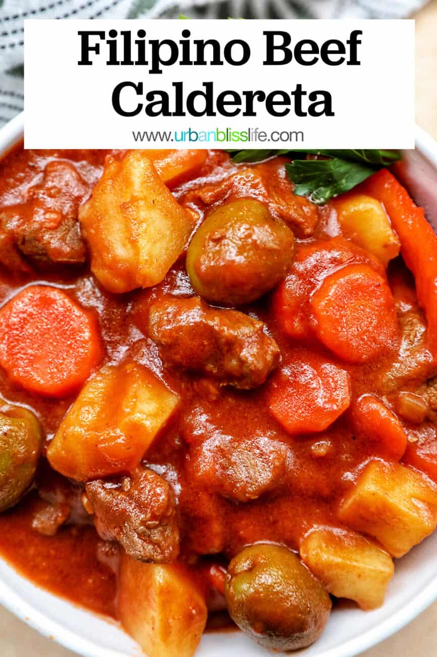 Filipino beef caldereta with text overlay