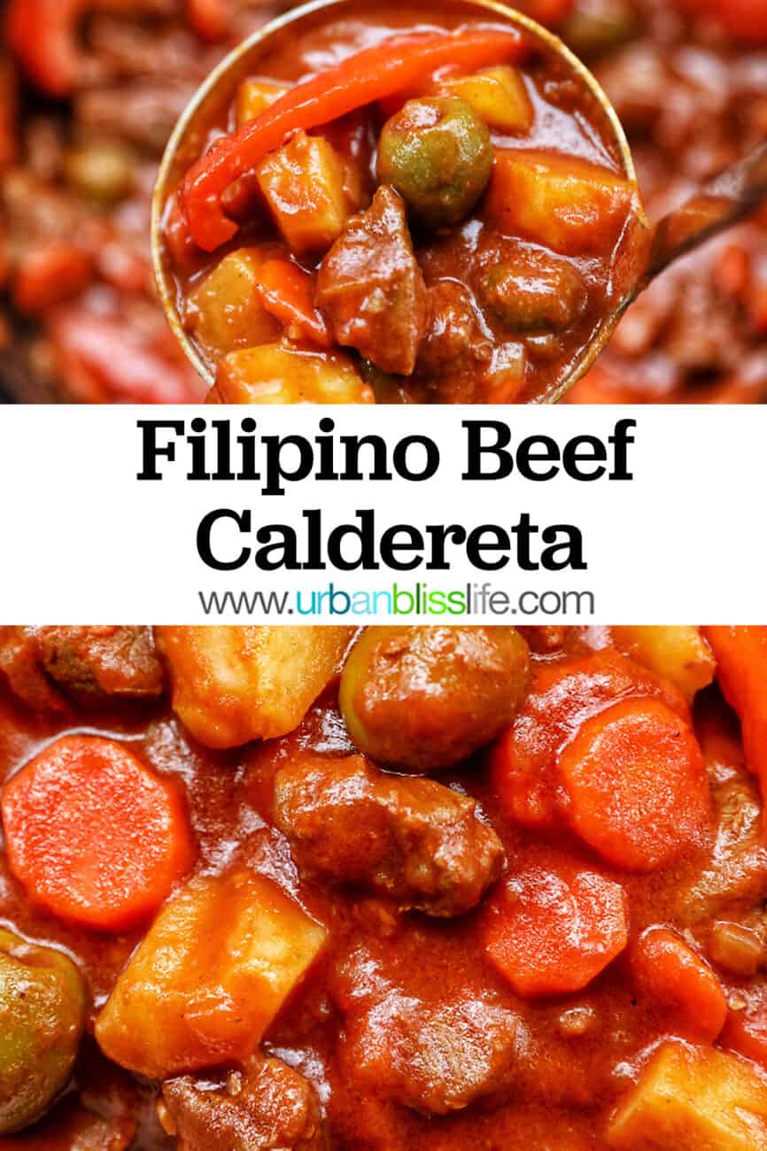 Filipino beef caldereta with text overlay