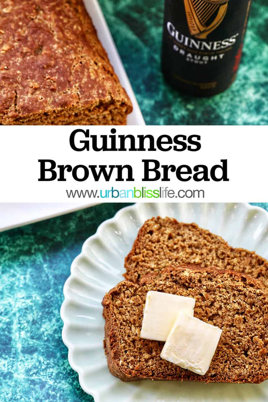 slices of Guinness Brown Bread and a Guinness beer with text overlay