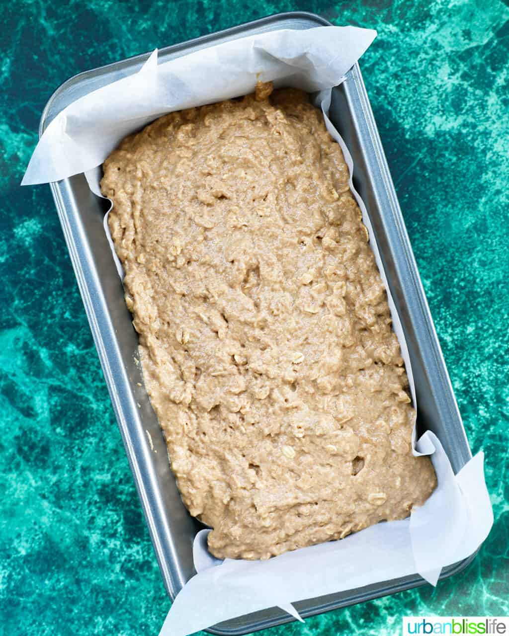 Guinness brown bread batter in a loaf pan