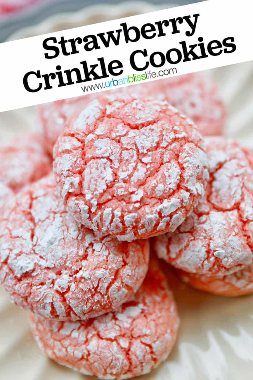 strawberry crinkle cookies with text overlay