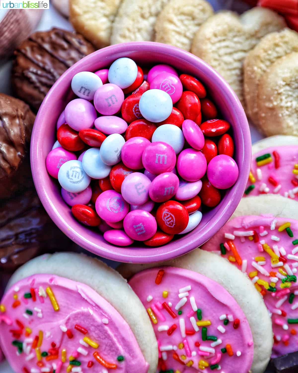 closeup of M & Ms on Valentine's Day Dessert Board