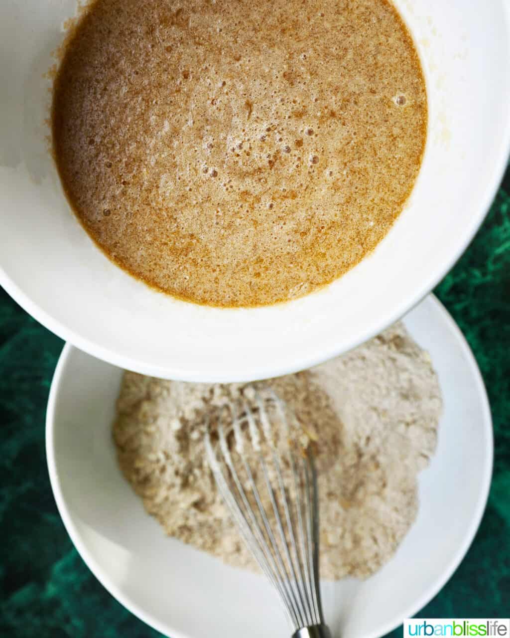 adding wet batter to dry ingredients