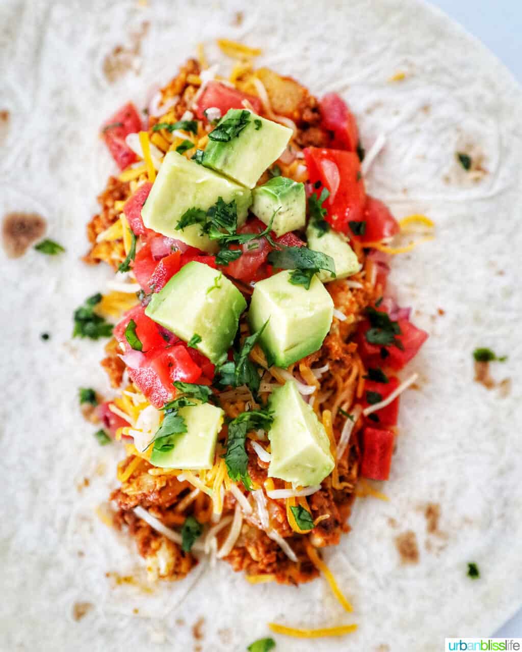 adding avocado and cilantro to chorizo breakfast burrito