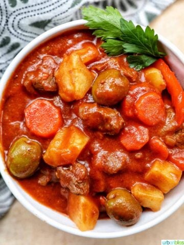 closeup bowl of Filipino beef caldereta