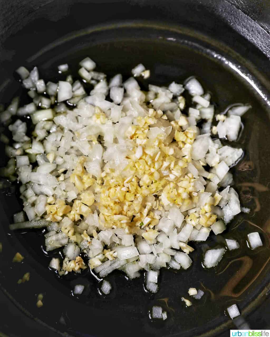 garlic and onions in a dutch oven pot