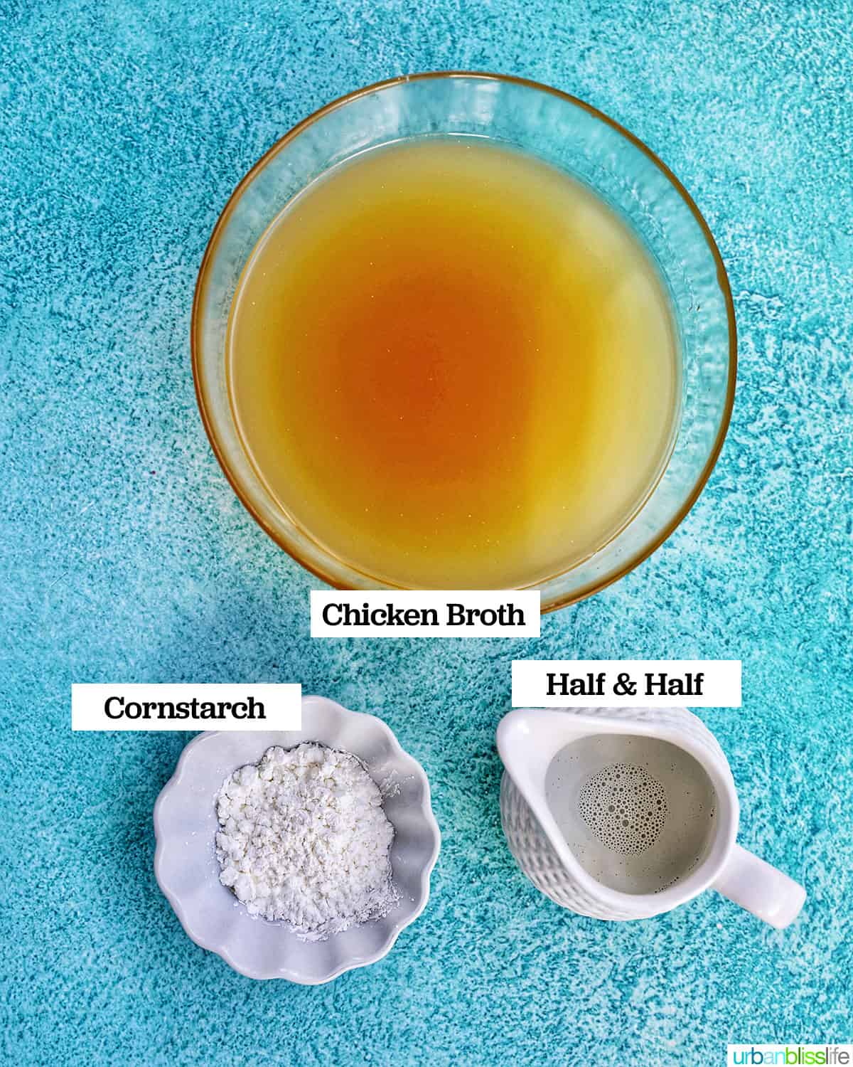 extra ingredients to make Instant Pot Potato Corn Chowder on a bright blue background.