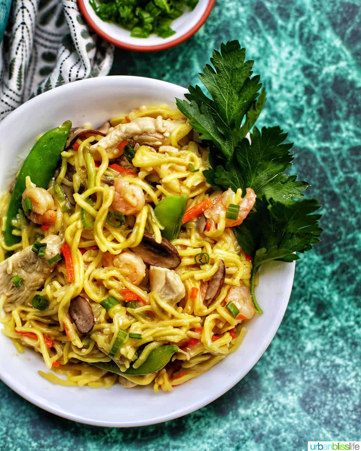 bowl of Filipino Pancit Canton Noodles with shrimp and vegetables.