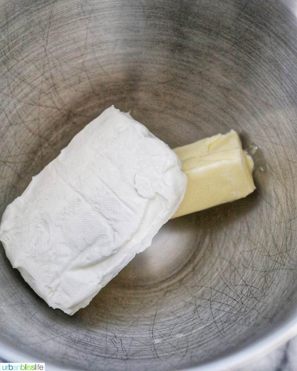 cream cheese and butter in the stand mixer bowl for frosting