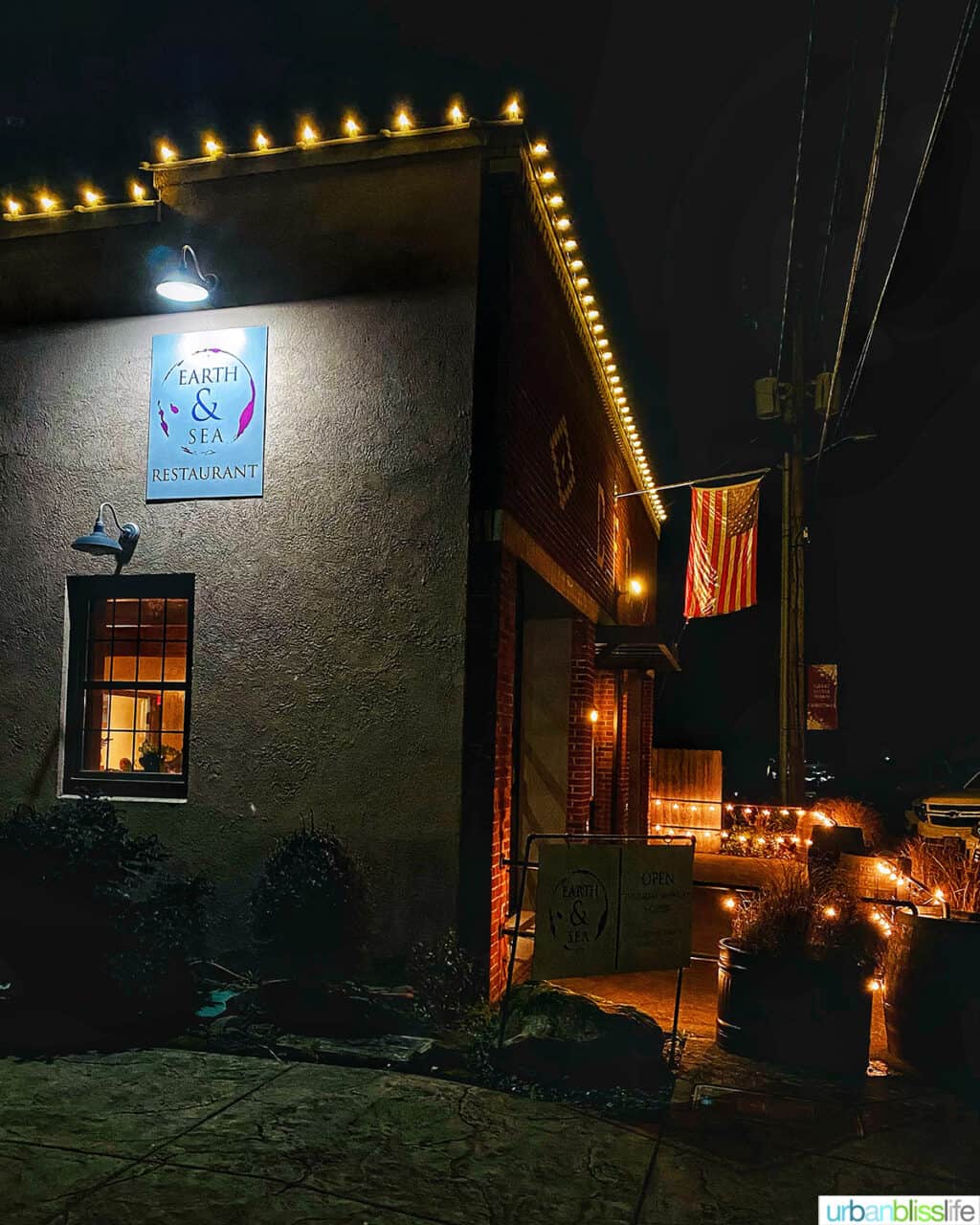 exterior of Earth and Sea restaurant in Carlton, Oregon wine country at night