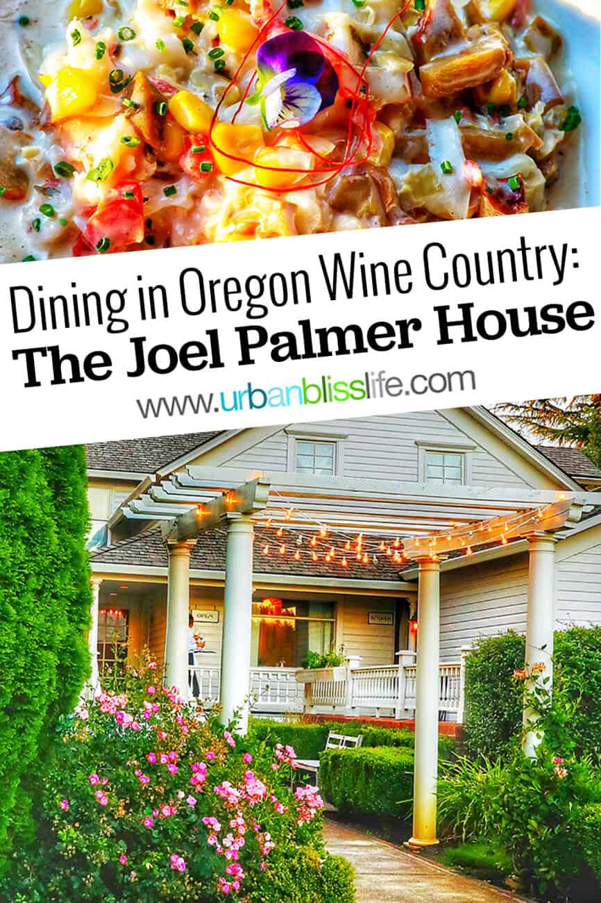 seafood pasta and entrance of of Joel Palmer House with text overlay.