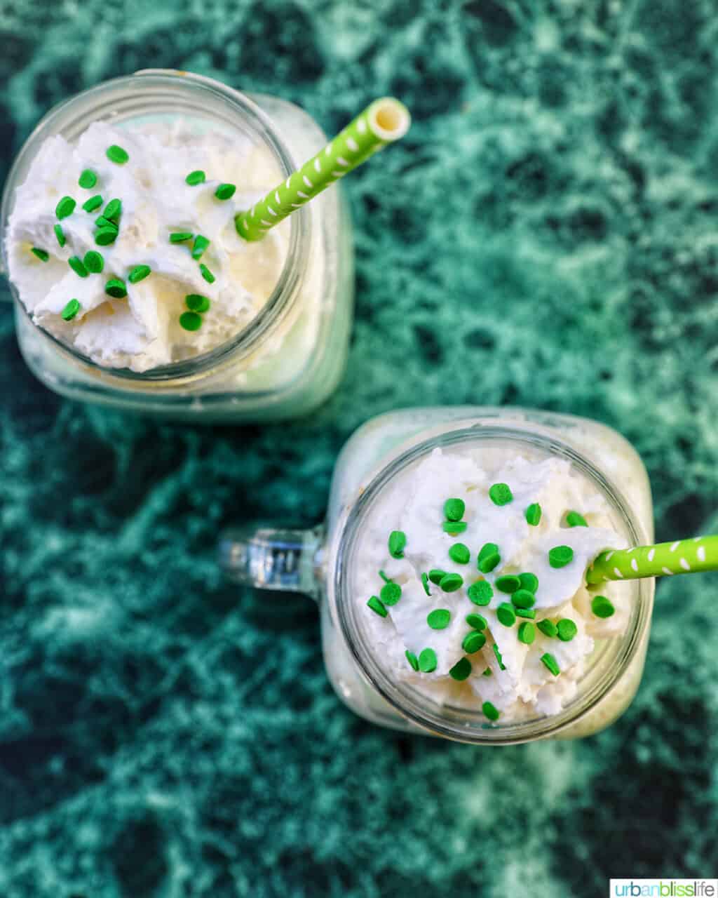 two glasses of shamrock shakes overhead