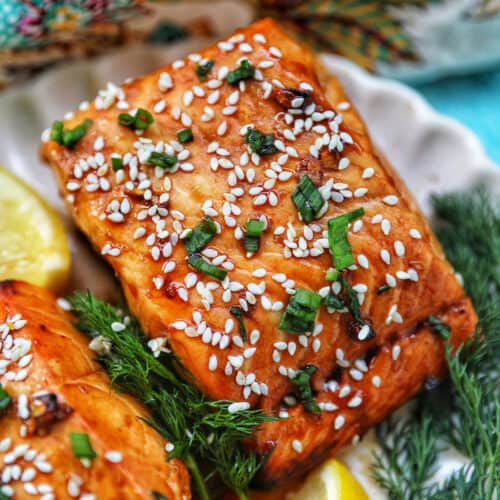 closeup of air fryer teriyaki salmon